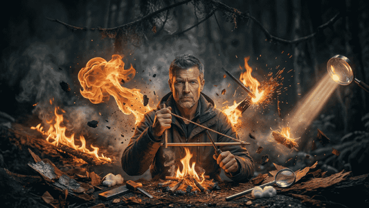 Une image de couverture dramatique pour un blog de survie, montrant une femme au visage déterminé en tenue de randonnée, agenouillée en forêt. Elle est entourée de méthodes d'allumage de feu primitives et artisanales, comme un archet, un silex et de la pa