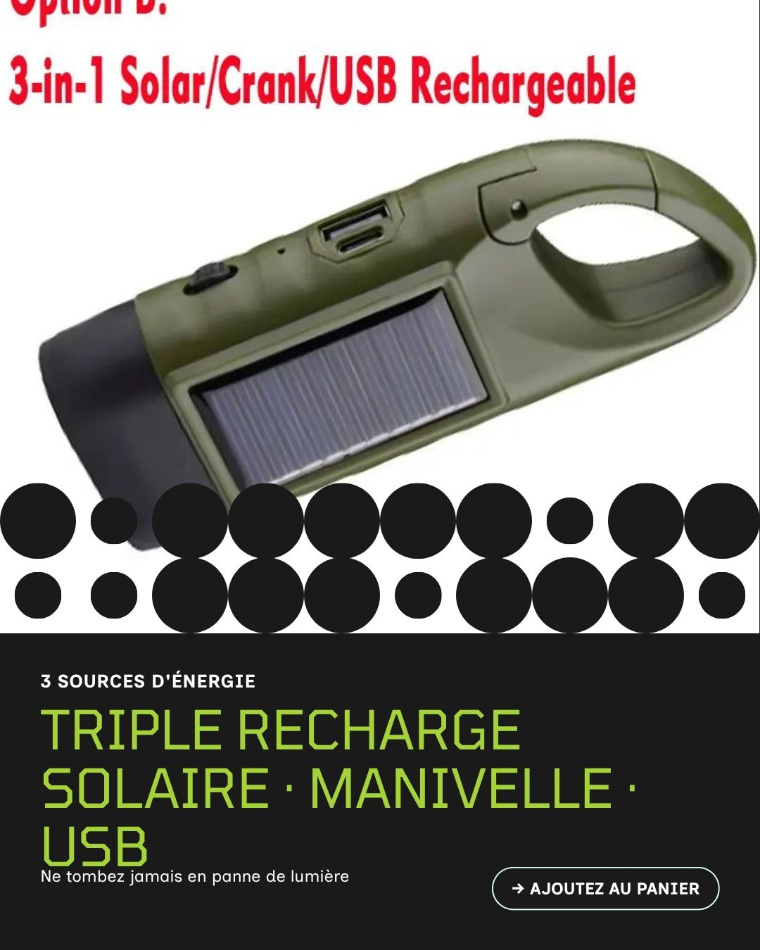 Lampe torche solaire 3 LED – Triple recharge : Solaire · Manivelle · USB | ReadyJusteSurvive