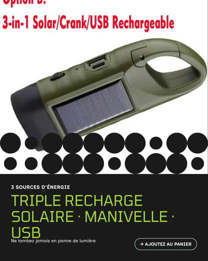 Lampe torche solaire 3 LED – Triple recharge : Solaire · Manivelle · USB | ReadyJusteSurvive