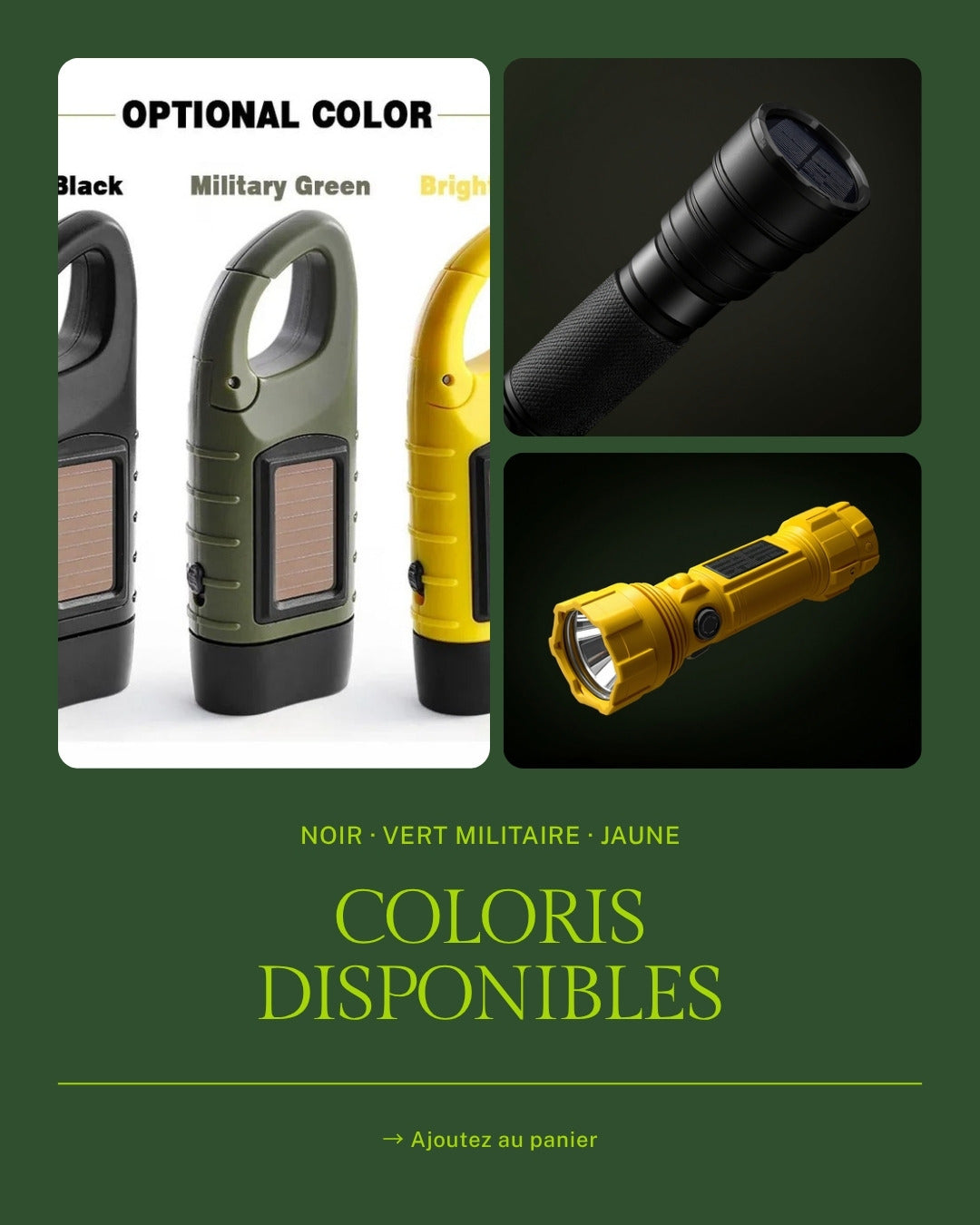 Lampe torche solaire 3 LED – 3 coloris disponibles : Noir, Vert Militaire, Jaune | ReadyJusteSurvive