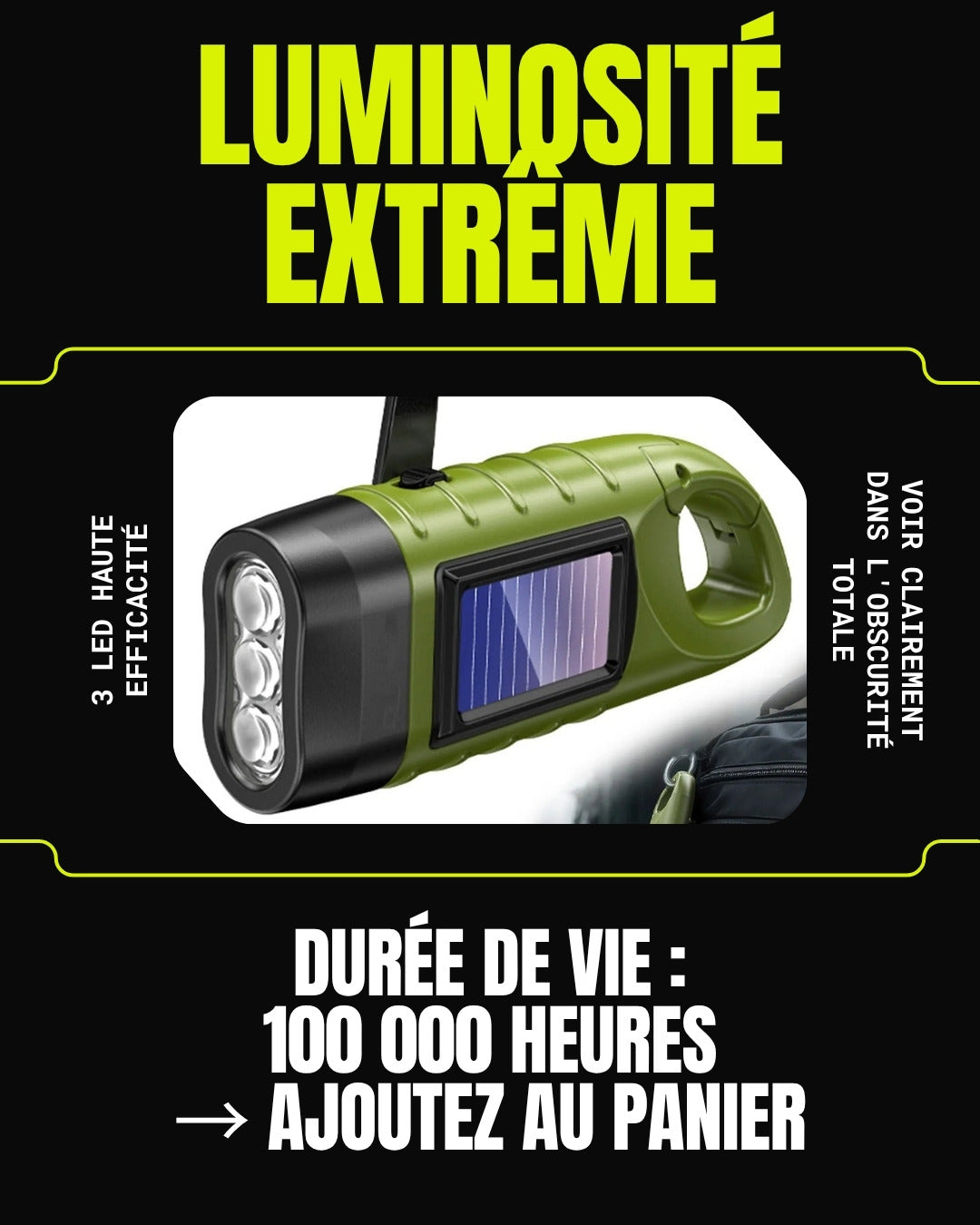 Lampe torche solaire 3 LED – Luminosité extrême : 3 LED haute efficacité, 100 000h de durée de vie | ReadyJusteSurvive