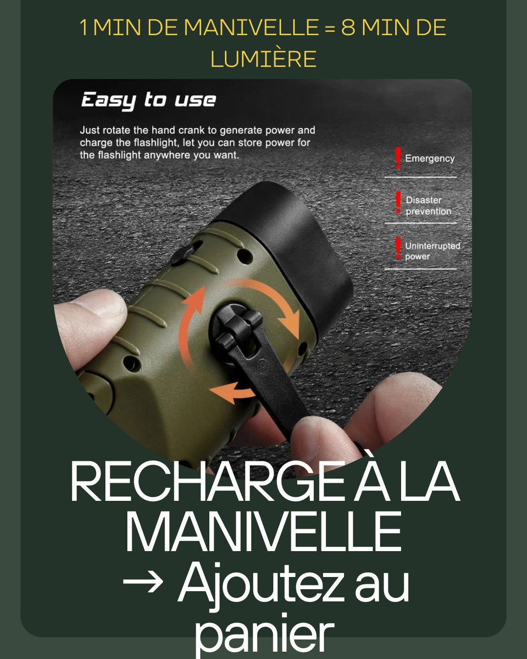 Recharge à la manivelle – 1 min = 8 min de lumière – Lampe torche solaire