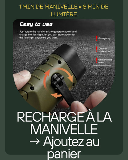 Recharge à la manivelle – 1 min = 8 min de lumière – Lampe torche solaire