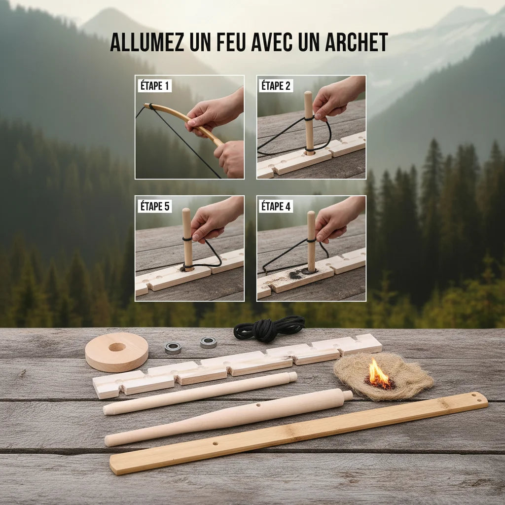Kit Arc à Feu (Bow Drill) - Set d'Allume-Feu Primitif par Friction pour Survie et Bushcraft